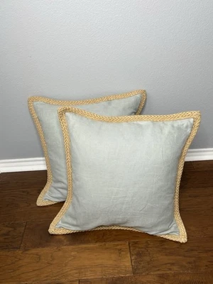 2 POTTERY BARN LINEN W/JUTE BRAID  20"x20" PILLOWS chambray blue WITH PILLOWS - Image 1 of 4