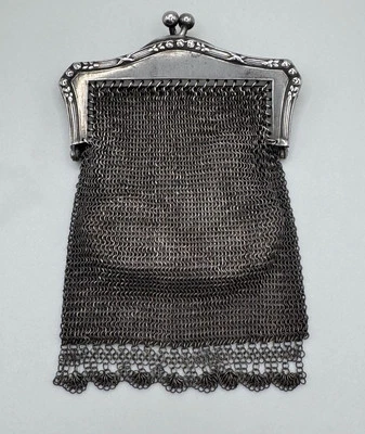 Antiguo Art Nouveau 800 Plata Floral Moneda Chatelaine Monedero a Presión Cadena Correo Malla Foto 1 de 4