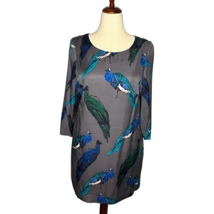 Boden Kleid Damen 10 grau Pfau Vogel Print Etuikleid Seide Eliza Tunika Mini Boho - Bild 1 von 10