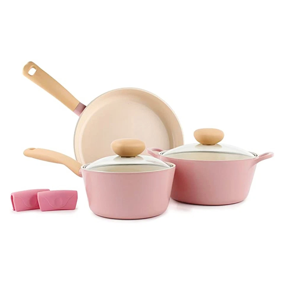 Dinnerware Retro 5pcs Ceramic Non-stick Cookware Set Pink Kitchen Bar Neoflam