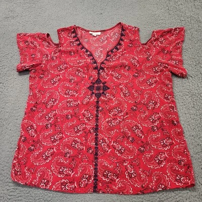Blusa Westport Para Mujer Talla XL Hombro Frío Bandana Rojo Paisley Top Camisa Rayón Foto 1 de 4