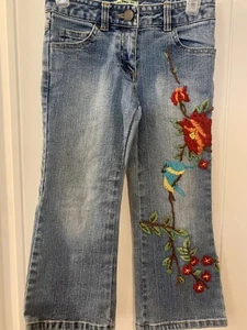 Girl’s Little Mass Embroidered Flowers Birds Jeans - Picture 1 of 9
