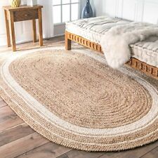 Oval Rug Jute Natural Farmhouse Rustic Braided Runner Modern Carpet Beige+white