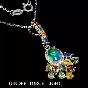 925 Argento Sterling Collana Ovale Opale di Fuoco 8x6mm Zaffiro Gemma Gioielli 1 - Foto 1 di 10