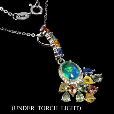 925 Sterlingsilber Halskette Oval Feuer Opal 8x6mm Saphir Edelstein Schmuck 1 - Bild 1 von 4