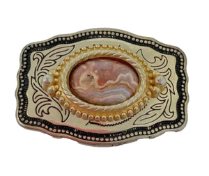 Oval Agate Cabochon Gold Tone Ornate Western Style Belt Buckle USA Made Vintage - Picture 1 of 5