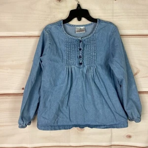 Hanna Andersson Top Girls 120 6 7 Blue Chambray Blouse 1/2 Button Pintuck Cotton - Picture 1 of 9