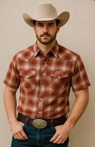 Moda Tech Men’s Size XL Short Sleeve Western Shirt W/Pearl Snaps - Red Plaid - Picture 1 of 5