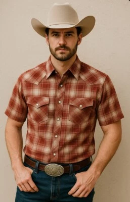 Moda Tech Men’s Size XL Short Sleeve Western Shirt W/Pearl Snaps - Red Plaid - Image 1 of 4