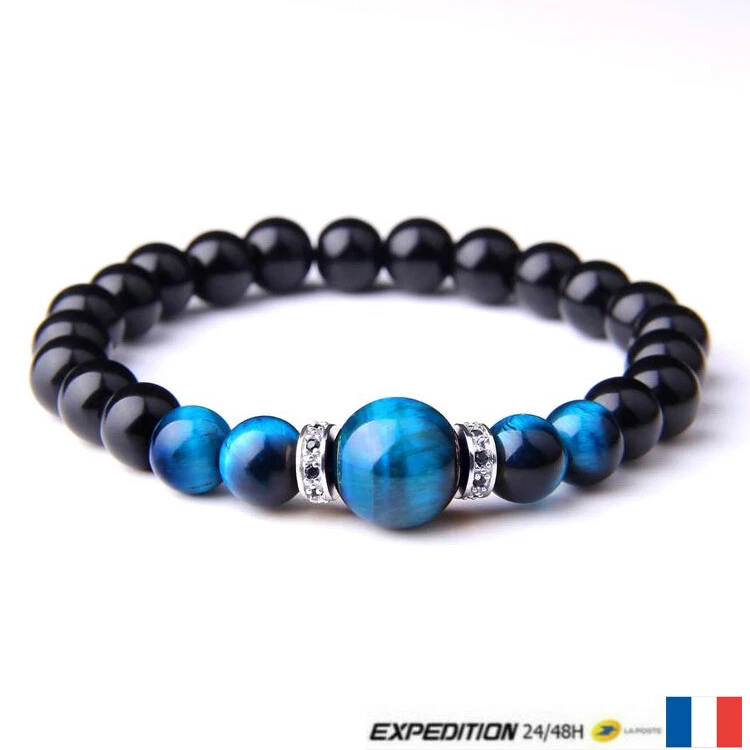 Bracelet perle oeil de tigre bleu Johnny Hallyday "Rester Vivant" argenté - Photo 1/3