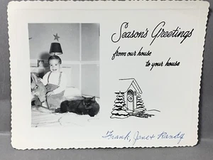 Vintage Christmas Seasons Greetings Photo Card Young Boy & Cat 1950s - Picture 1 of 5