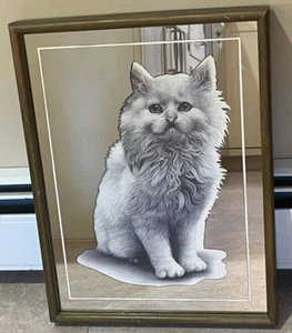 Espejo de pared litografía gato mullido blanco enmarcado Intercraft Industries 13"x17" de colección - Imagen 1 de 16