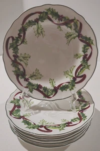 6 Charter Club Winter Garland 9" Luncheon Plates Red Ribbon Berries Green Holly - Picture 1 of 4