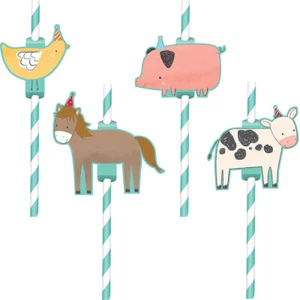 Farm Barnyard Party Supplies Birthday Straws with Add-On Animals 12 Pack Cow Pig - Picture 1 of 2
