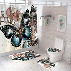 Schmetterling Duschvorhang Badteppich Set Badematte rutschfest WC Deckelabdeckung - Bild 1 von 11