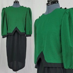 Vintage Sabino Black Dress w Green/Black Houndstooth Blouse Overtop Size 10P - Picture 1 of 23