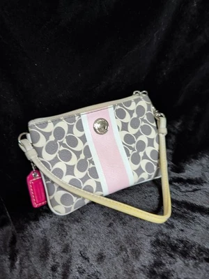 Autêntica assinatura Coach couro zíper pulseira cinza branco e rosa - Imagem 1 de 4