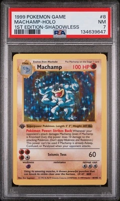 1999 Pokemon TCG Machamp Holo Rare 1st Edition Shadowless Base Set 8/102 PSA 7 - Image 1 of 3