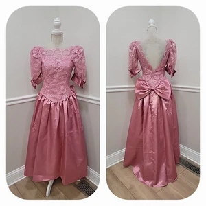 VTG'80s Blush  Prom Formal Evening Dress Satin /Puffs Sleeves/Saloon Girl 5/6 Si - Picture 1 of 12
