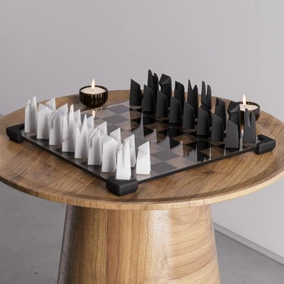 现代几何象棋套装:手工加权游戏棋子和玻璃棋盘 — 第 1/4 张图片