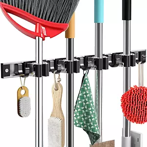 Wall Mount Metal Mop and Broom Holder Utility Hooks Organizer (Black, 1 Pack) - Picture 1 of 12