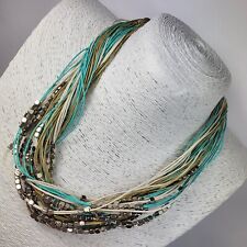 Modernist Contemporary Multi Strand Necklace Green Cord Metal Beads Lagenlook 