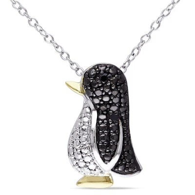 Amour 2-Tone Sterling Silver Black Diamond Penguin Pendant with Chain, 18" Foto 1 de 4