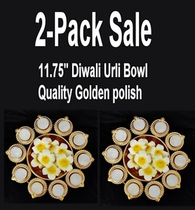 2-Pack Diwali Urli Bowl Hammered Metal Golden Polish Floating Flowers Tea Candle - Picture 1 of 8
