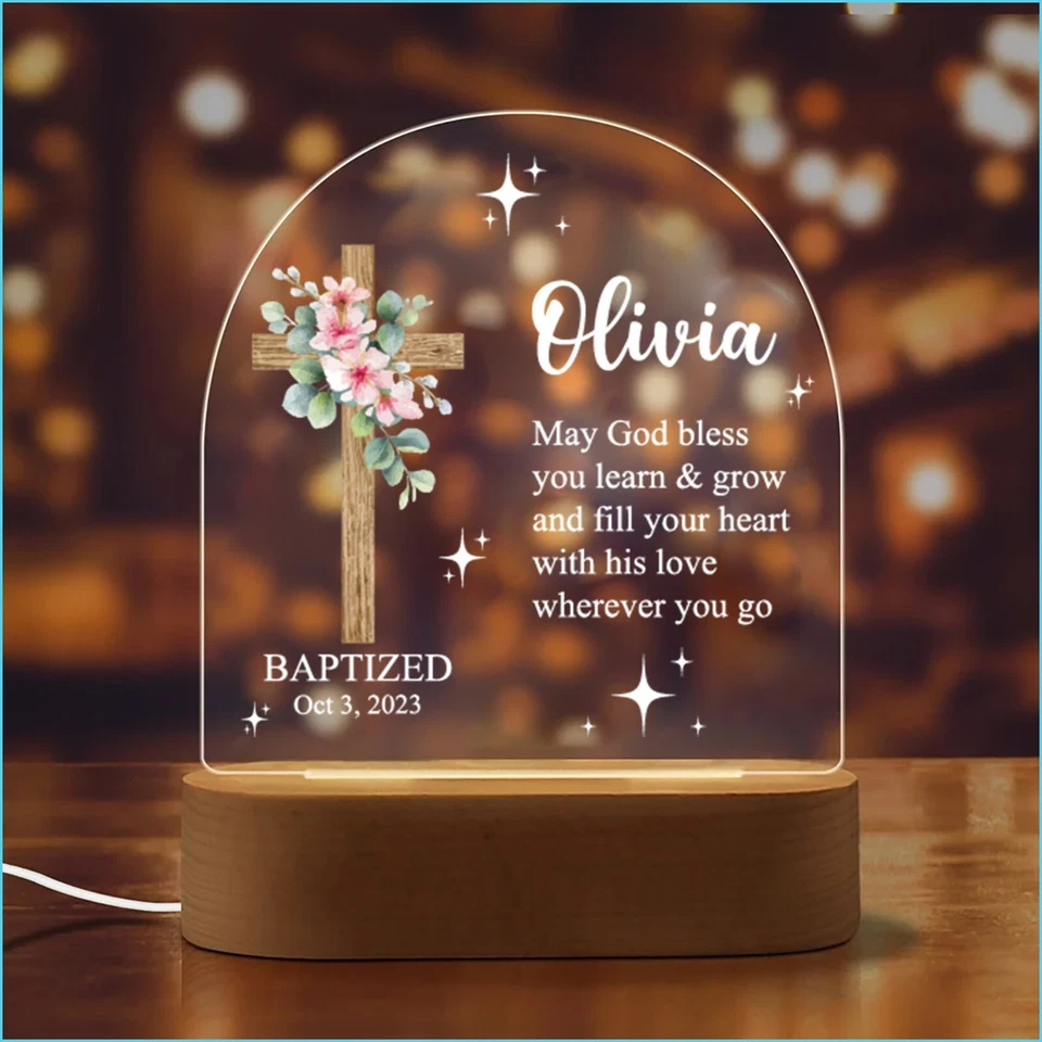 Luz de noche de cruz de oración, lámpara de noche de bautizo regalo para niño niña Foto 1 de 4