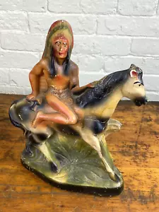 Vintage Ceramic Native American w/ Full Headdress on Horse ~ Colorful Shelf Art - Picture 1 of 15
