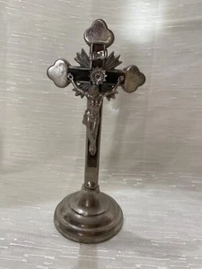 Antik Jesus Christus Metall Holz signiert A R S Altar stehend Kruzifix 8" - Bild 1 von 15