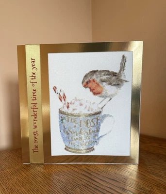 EXTRA LARGE COMPLETED CROSS STITCH CHRISTMAS CARD - ROBIN + COFFEE - 100% NOWZAD - Image 1 of 4