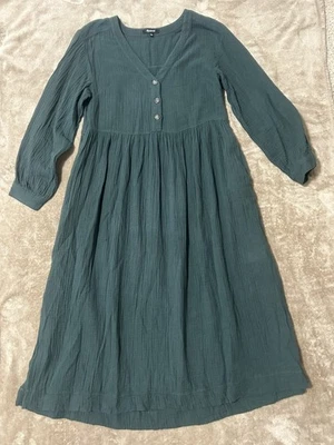 MADEWELL 4 Pleated Cotton Gauze Green LS Tiered Dress Midi Slit Peasant Autumn — 第 1/4 张图片