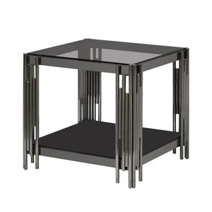 Side Table Black Gunmetal Steel End Table Smoke Glass Top with Shelf Furniture - Picture 1 of 6