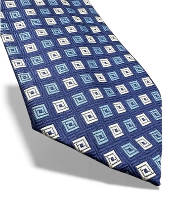 Corbata de cuello para hombre RAFFAELLO FIRENZE azul y blanco con patrón cuadrado 100 % seda italiana Foto 1 de 4