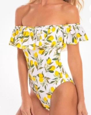 Revamped Lemon Printed Ruffle Off The Shoulder One Piece Swimsuit Size Small - Image 1 of 4