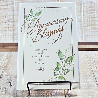 Tarjeta de aniversario bendición oraciones blanco floral brillo saludos americanos Foto 1 de 4