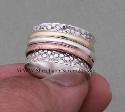 Three Tone Spinner-Solid 925 Sterling Silver Spinner Band Rings-Handmade Ring - Image 1 of 4