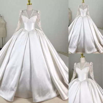 Vestidos de novia vintage mangas largas satinado encaje chaquetas línea A vestidos de baile de novia Foto 1 de 4