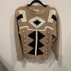 Vintage Small Hand Knit Grandma Sweater Geometric Cottage Core Chunky Women's - Picture 1 of 8