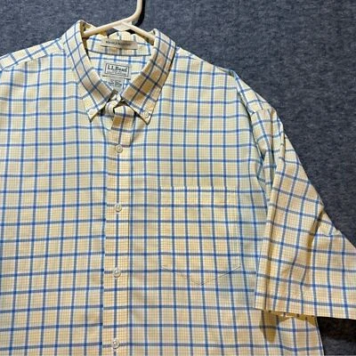 LL Bean Shirt mens XLT yellow blue plaid button up short sleeve cotton comfort - Image 1 of 4