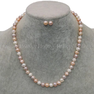 7-8mm Real Natural White Pink Purple Freshwater Pearl Necklace Earrings Set 18'' - Picture 1 of 9