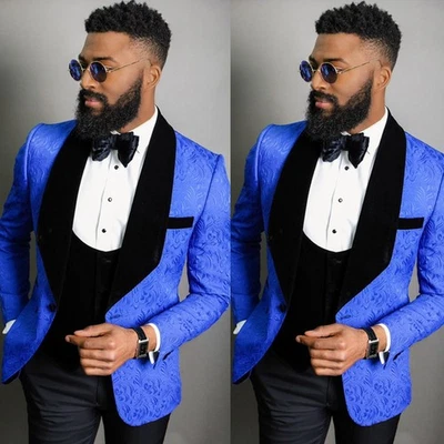 Azul Jacquard Lujo Para Hombre Trajes Boda Esmoquin Noche Fiesta Baile de graduación Blazer Pantalón Foto 1 de 4