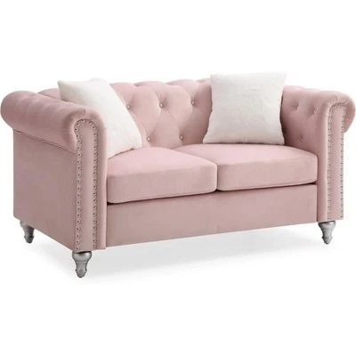 Maklaine Contemporary Jeweled Tufted Micro Suede Velvet Loveseat in Pink - Image 1 of 4
