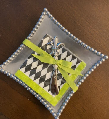 New Mudpie Beaded Metal Serving Plate Napkin Tray Fleur De Lis Cheese Spreader - Image 1 of 4