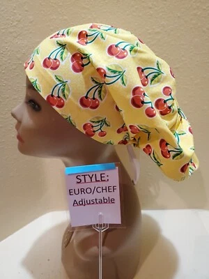 Cherries (yellow) Women's Euro/Chef Surgical Scrub Hat/Cap Handmade - Image 1 of 4