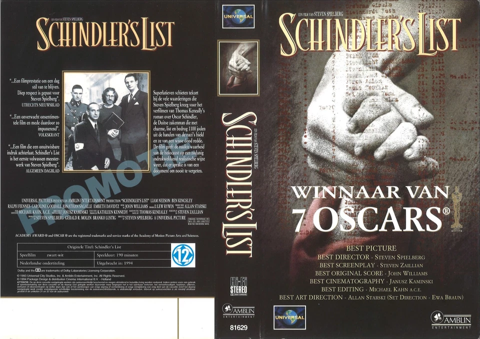 SCHINDLER'S LIST (1) / PROMO DUTCH VIDEO SLEEVE / UNIVERSAL VIDEO LABEL - Image 1 of 1