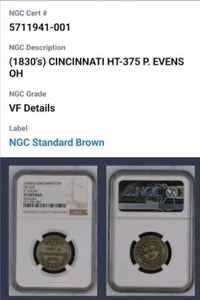 (1830er) HT-375 Cincinnati OH P. Evens Hard Times Medaille NGC Sehr schöne Details. CB1140 - Bild 1 von 8