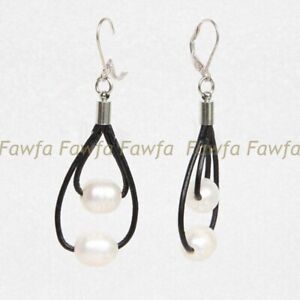 10-11mm White Freshwater Pearl Dangle Black Leather Silver Leverback Earrings