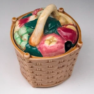 Majolica Fruit Basket Preserve or Jam Pot, Glazed Ceramic Pottery, European, - Picture 1 of 9